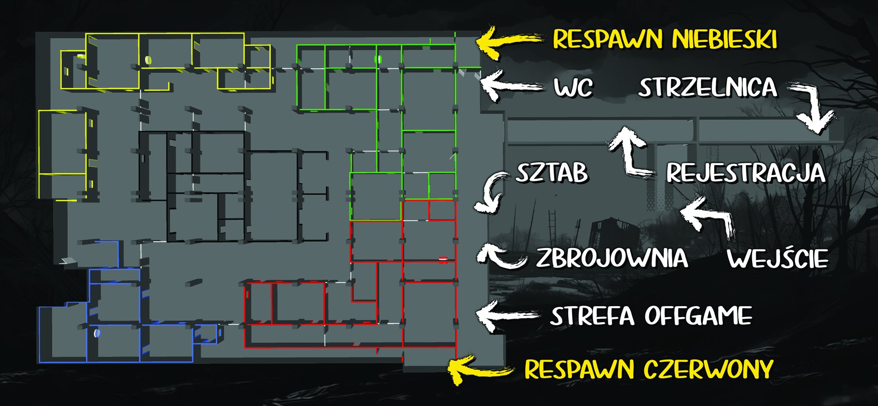 Mapa areny KWATERA: strefa gry, respawny, zbrojownia, strzelnica, rejestracja, strefa offgame
