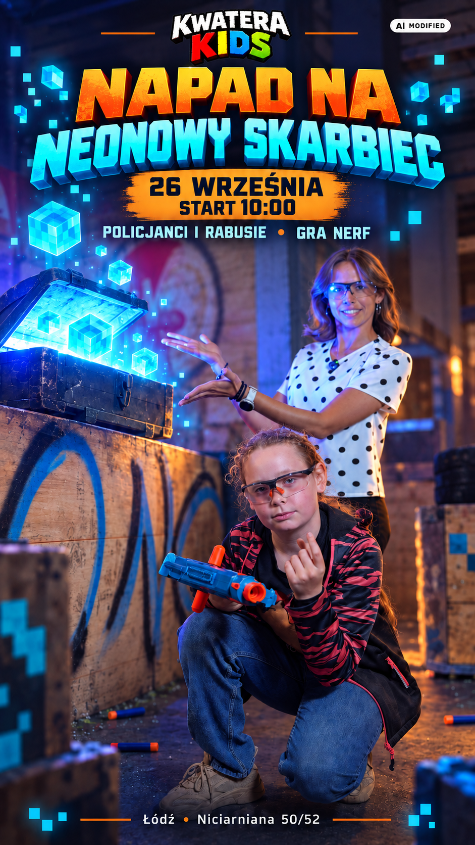 Plakat gry Nerf Napad na Neonowy Skarbiec w KWATERA KIDS. 26 września, start 10:00, Łódź, Niciarniana 50/52.